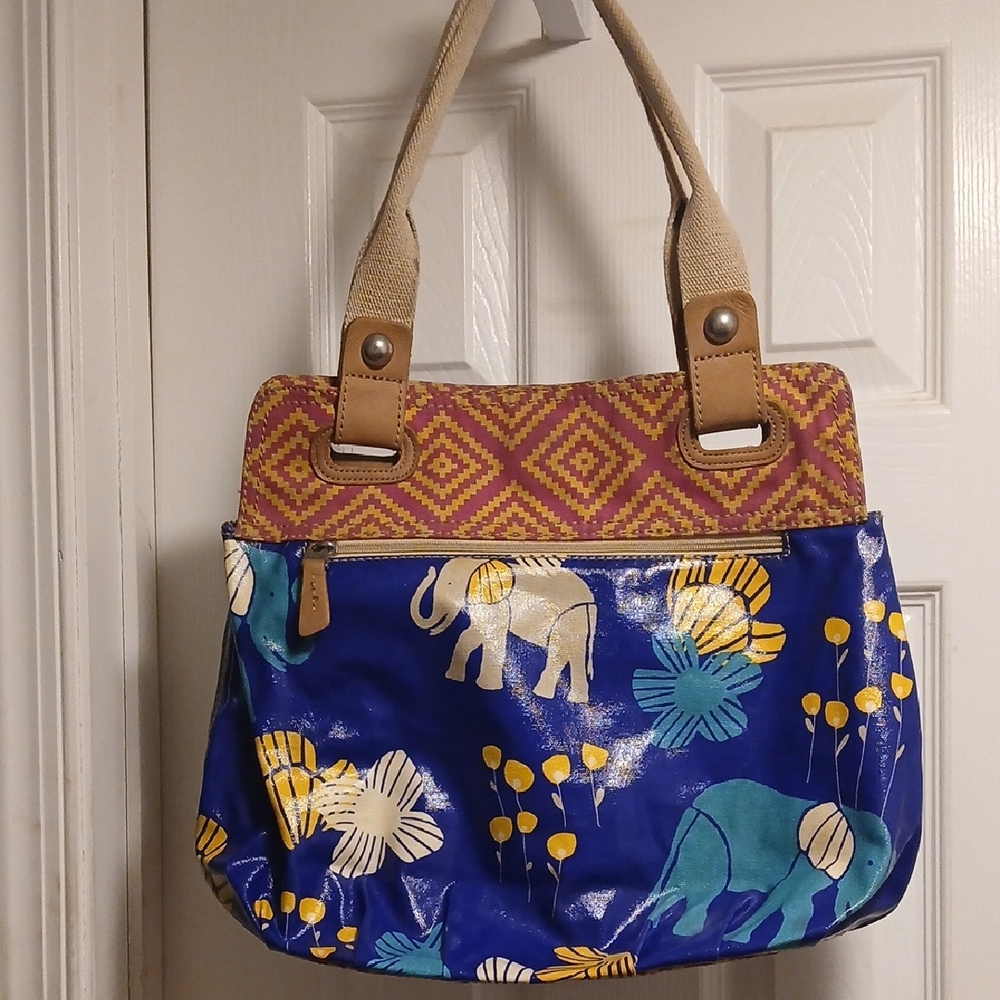 Vinrage Fossil Blue and Yellow Elephant Print Tote Colorful